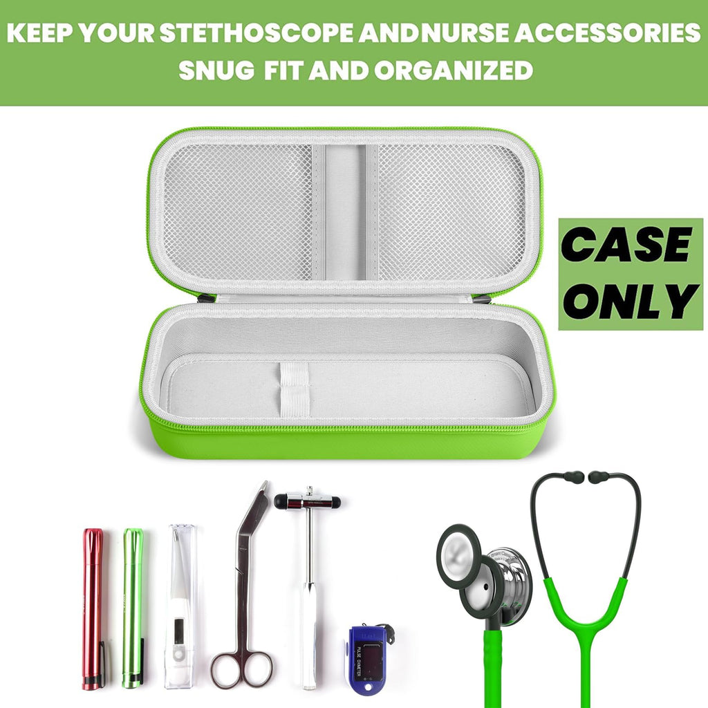 Open bright green hard stethoscope case with organized compartments for medical accessories