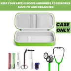Open bright green hard stethoscope case with organized compartments for medical accessories