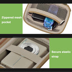 Khaki protective digital camera case zippered mesh pocket and elastic camera strap interior