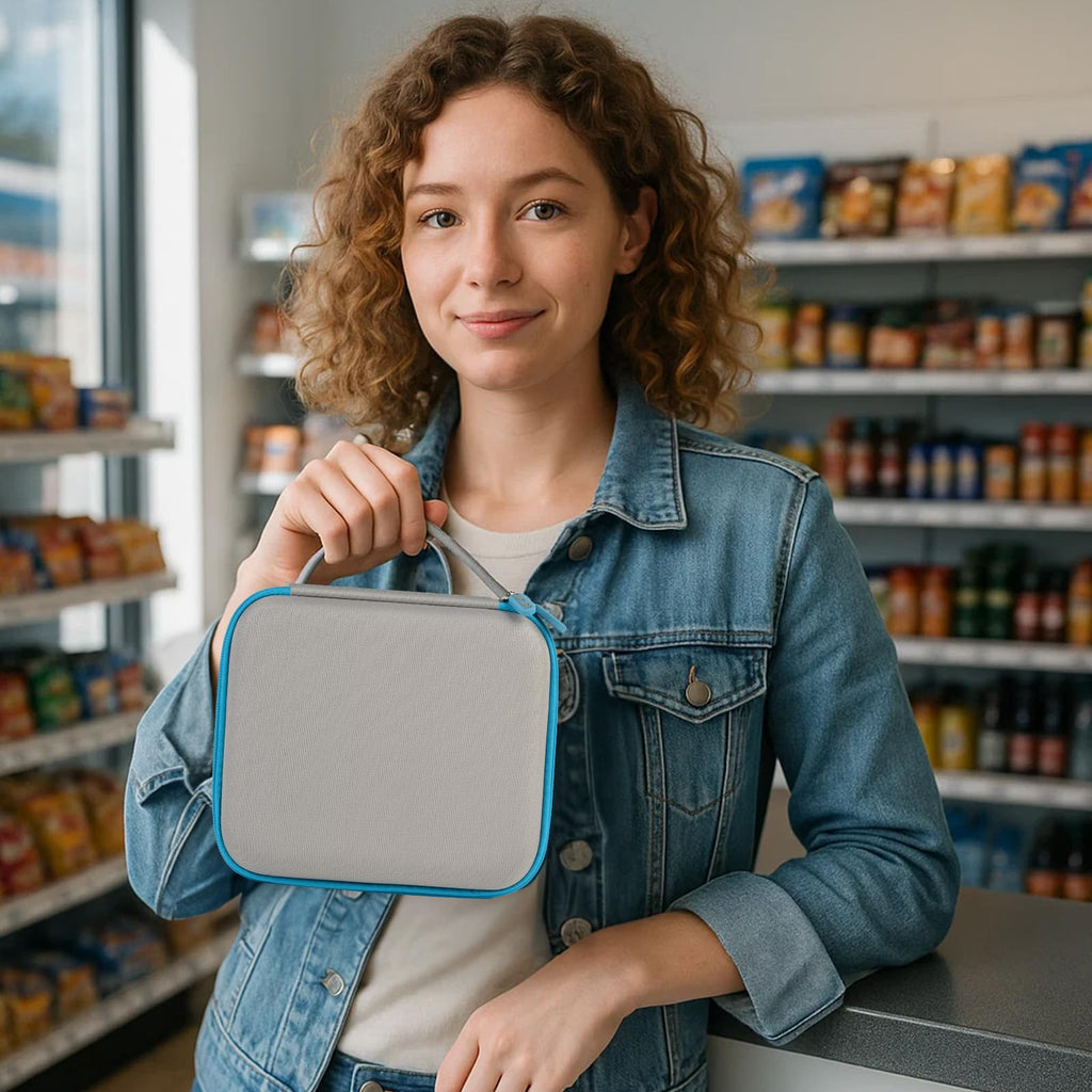 Woman holding the compact gray and blue label maker travel case