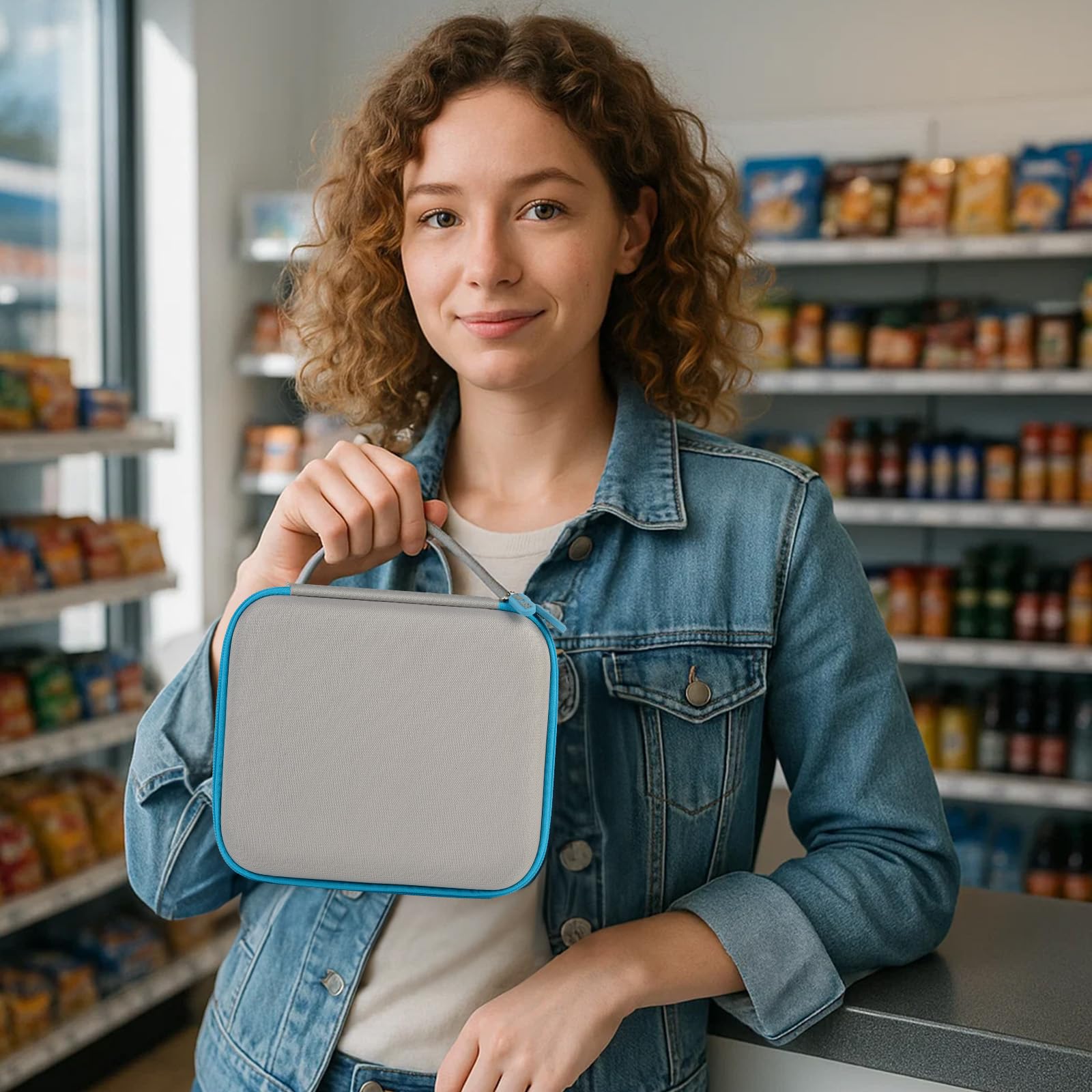 Woman holding the compact gray and blue label maker travel case
