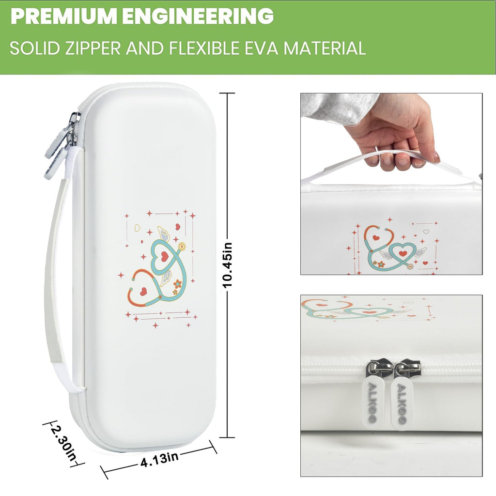white heart-patterned hard stethoscope case dimensions, carry handle and dual zipper details