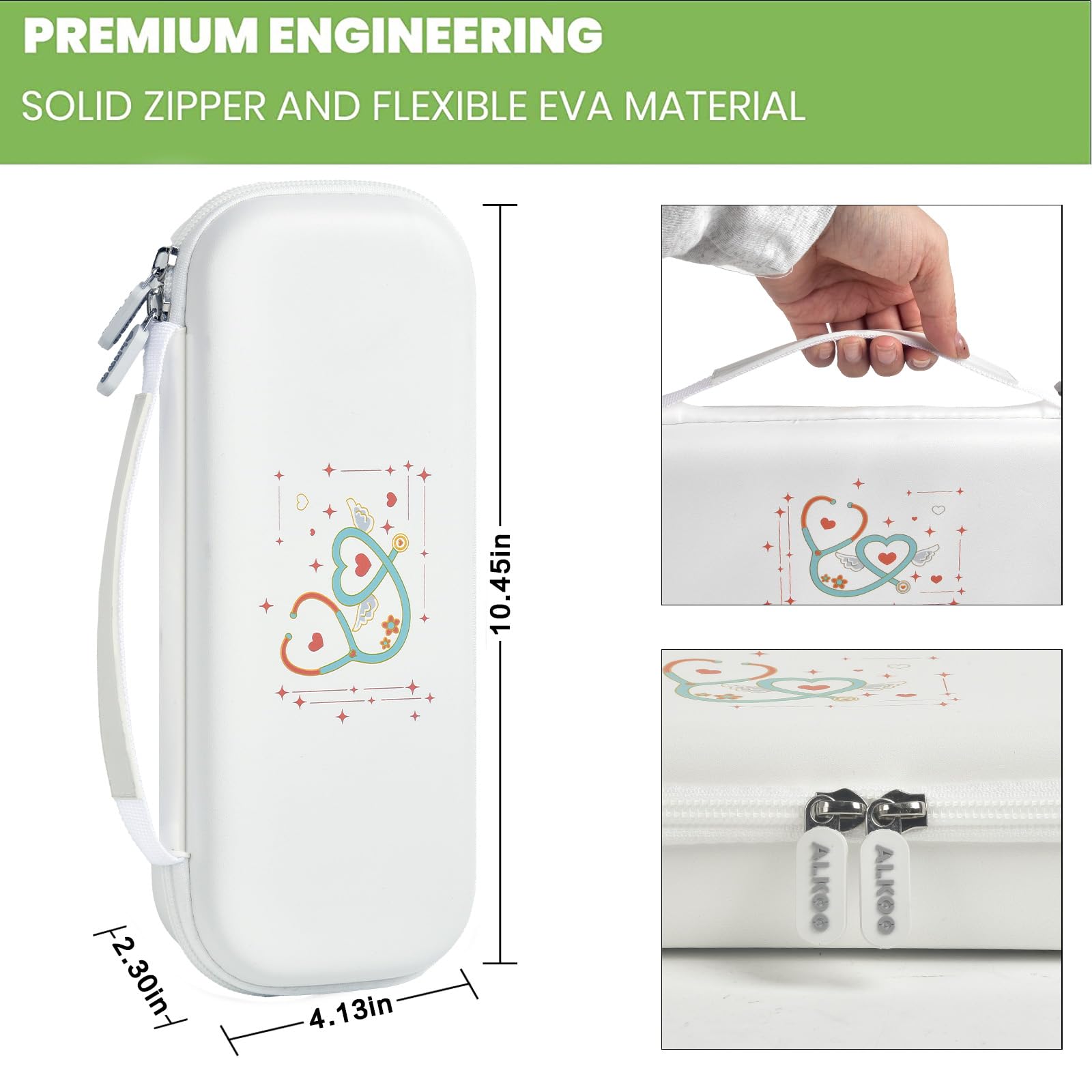 white heart-patterned hard stethoscope case dimensions, carry handle and dual zipper details