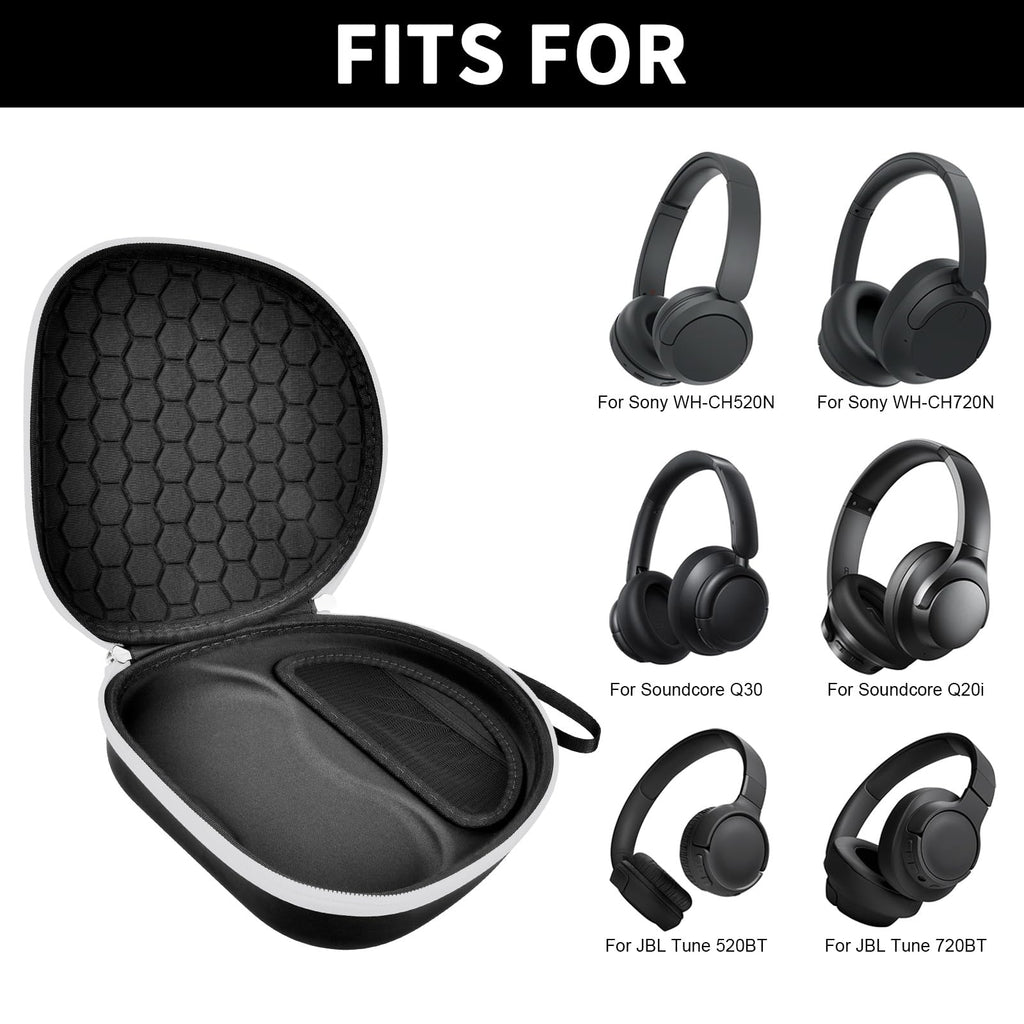 Open black headphone case shown with compatible Sony and JBL over-ear headphones