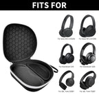 Open black headphone case shown with compatible Sony and JBL over-ear headphones