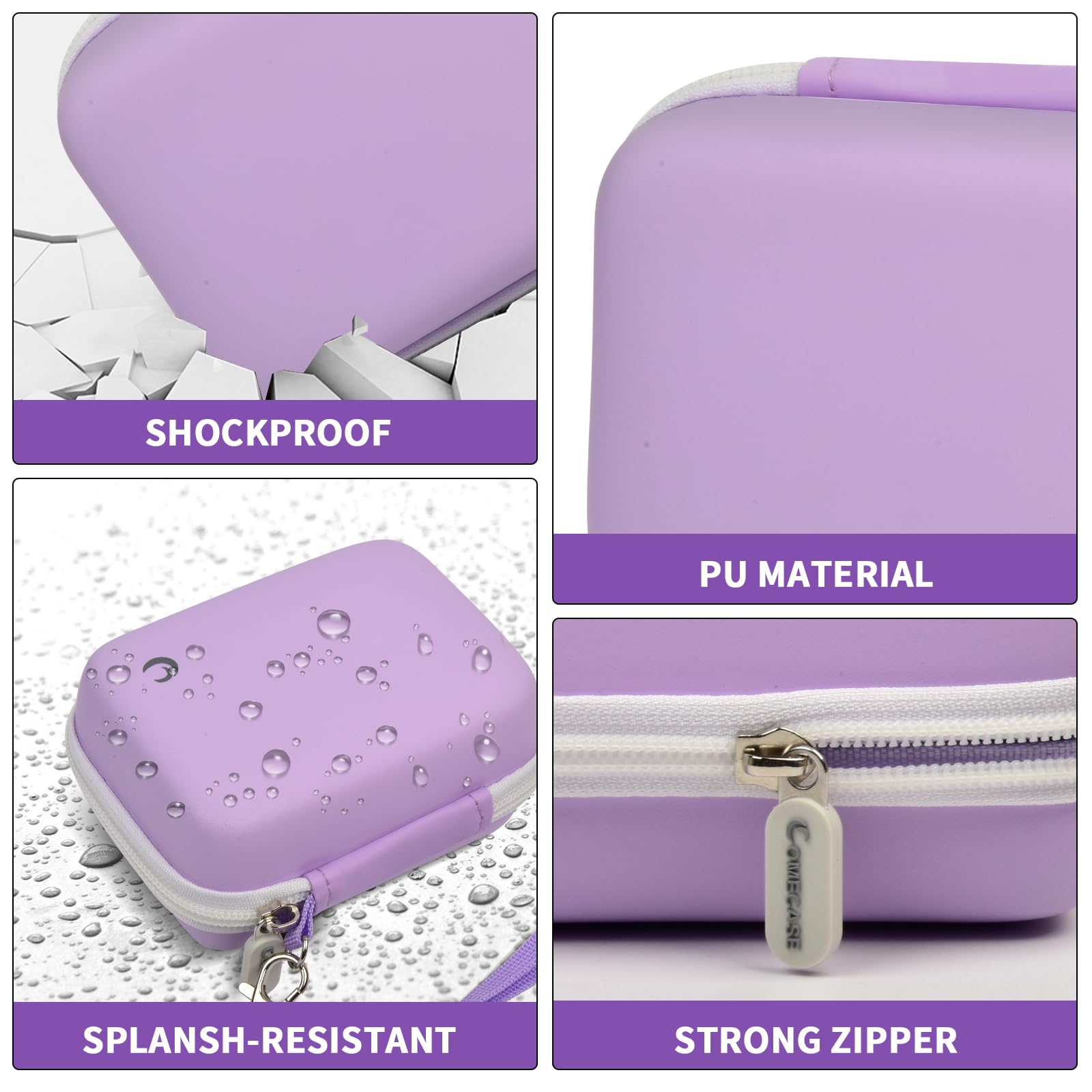Lavender camera case with shockproof PU shell, splash resistance, and strong zipper