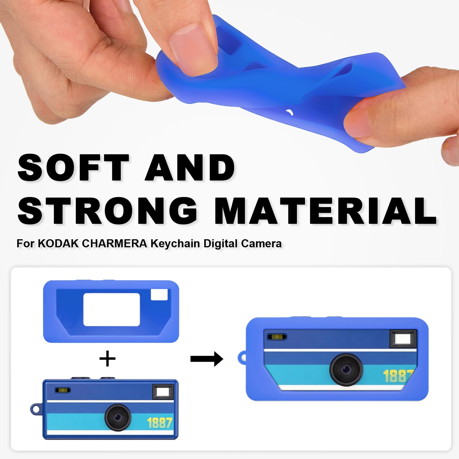 Blue with retro camera graphic silicone case for Kodak Charmera keychain camera soft, flexible material demonstration