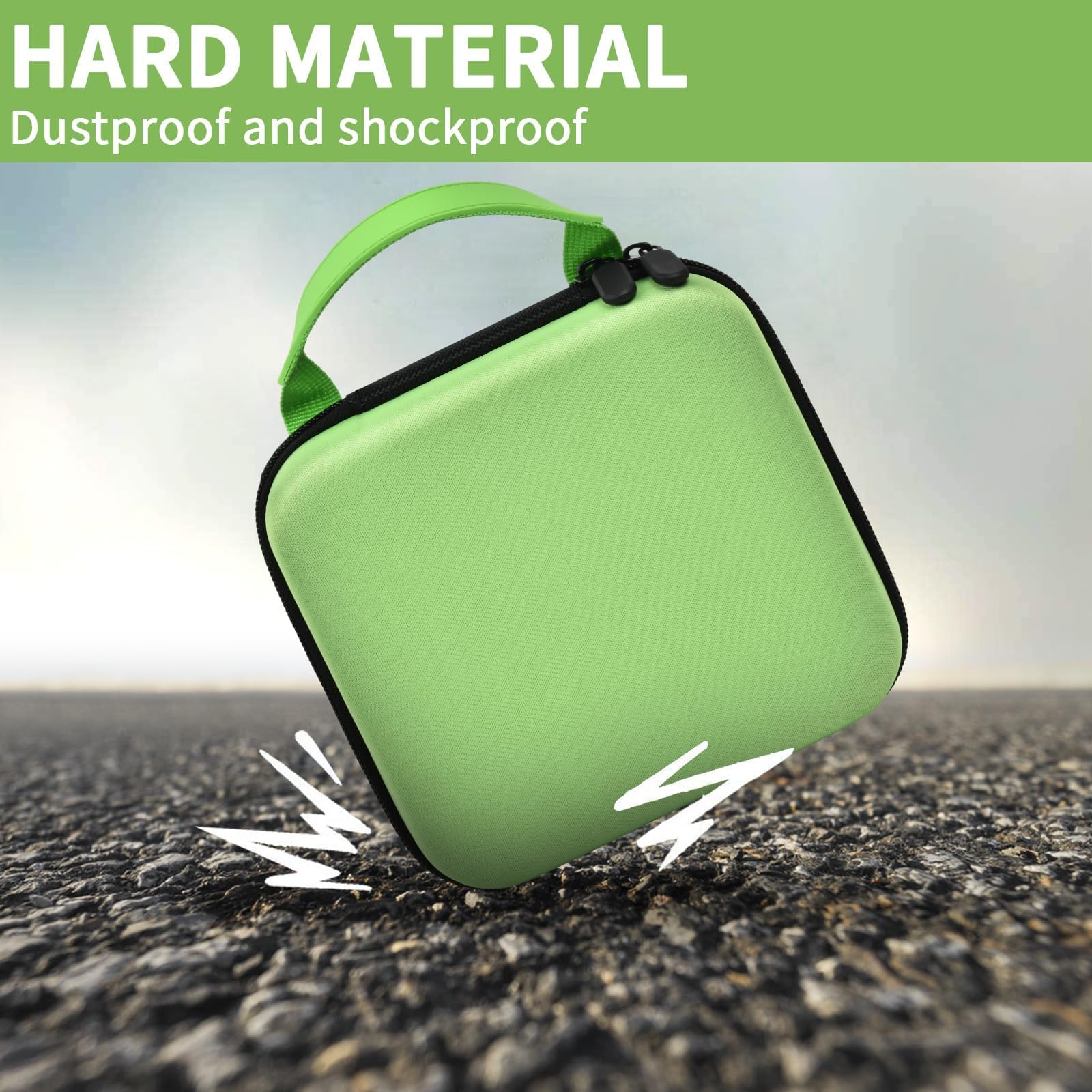 Bright green NIIMBOT printer case demonstrating dustproof and shockproof hard-shell protection