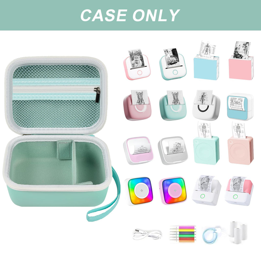 Open mint green mini label printer case shown with compatible Memoking and Phomemo printers; case only
