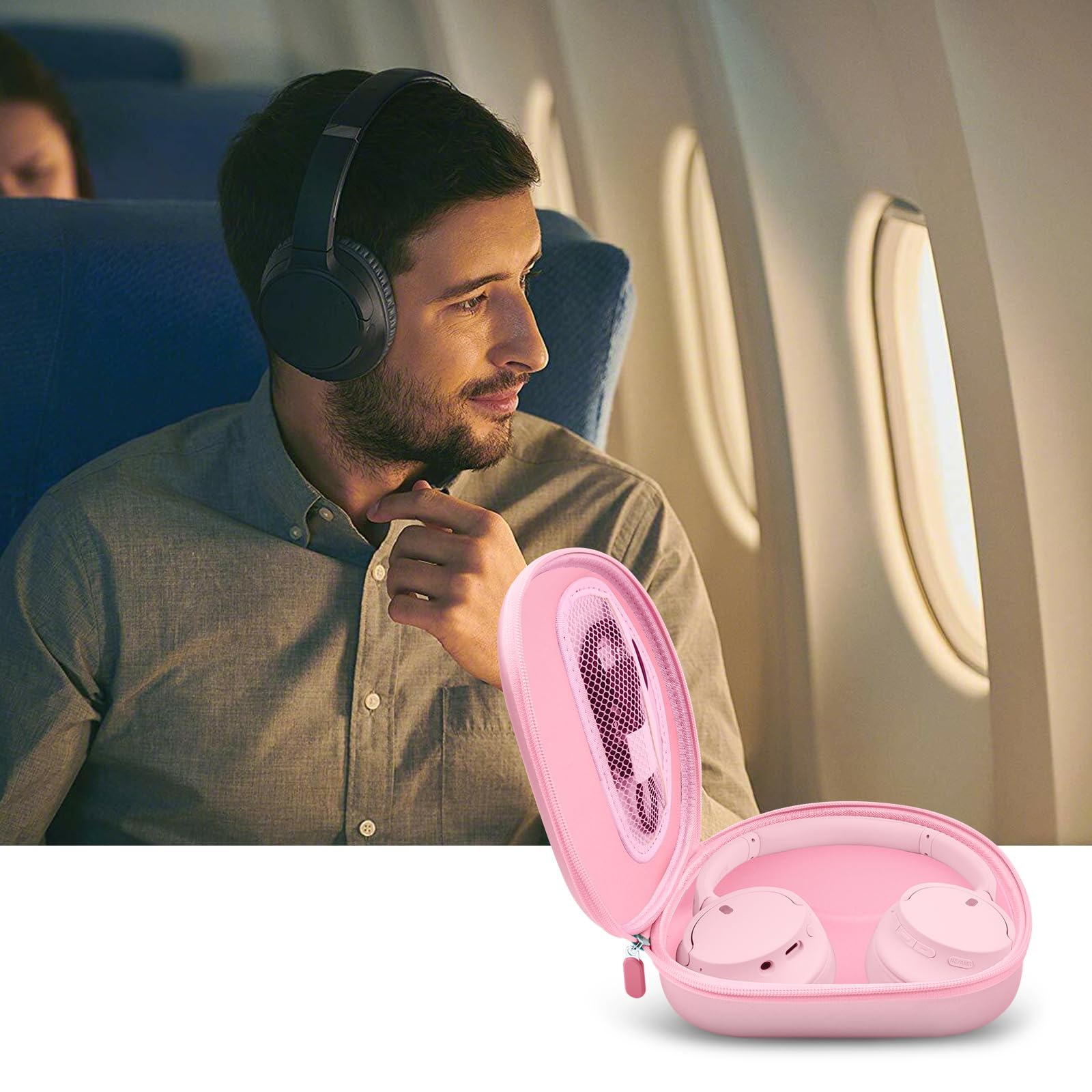 Traveler using headphones beside the open pink carrying case on an airplane