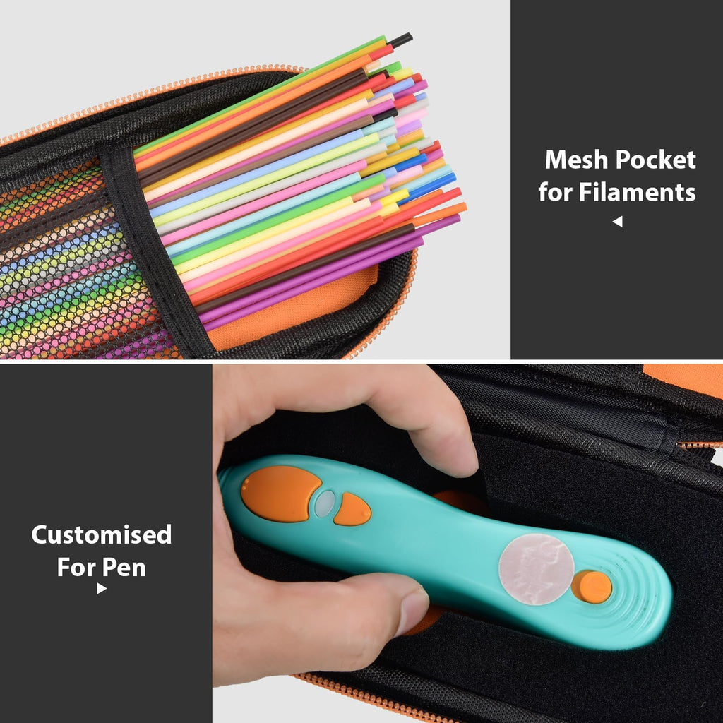 Black and orange case interior with mesh filament pocket and custom-fit pen compartment