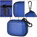 Navy blue mini power bank case with protective shell, zipper, and carabiner details