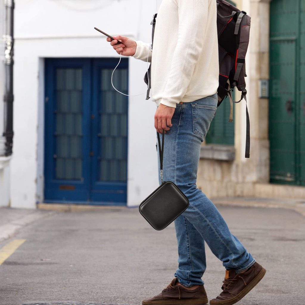 Person carrying the black portable hard drive case by its detachable wrist strap