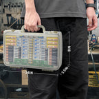 Clear gray 269-slot battery organizer case carried by the handle with case dimensions shown