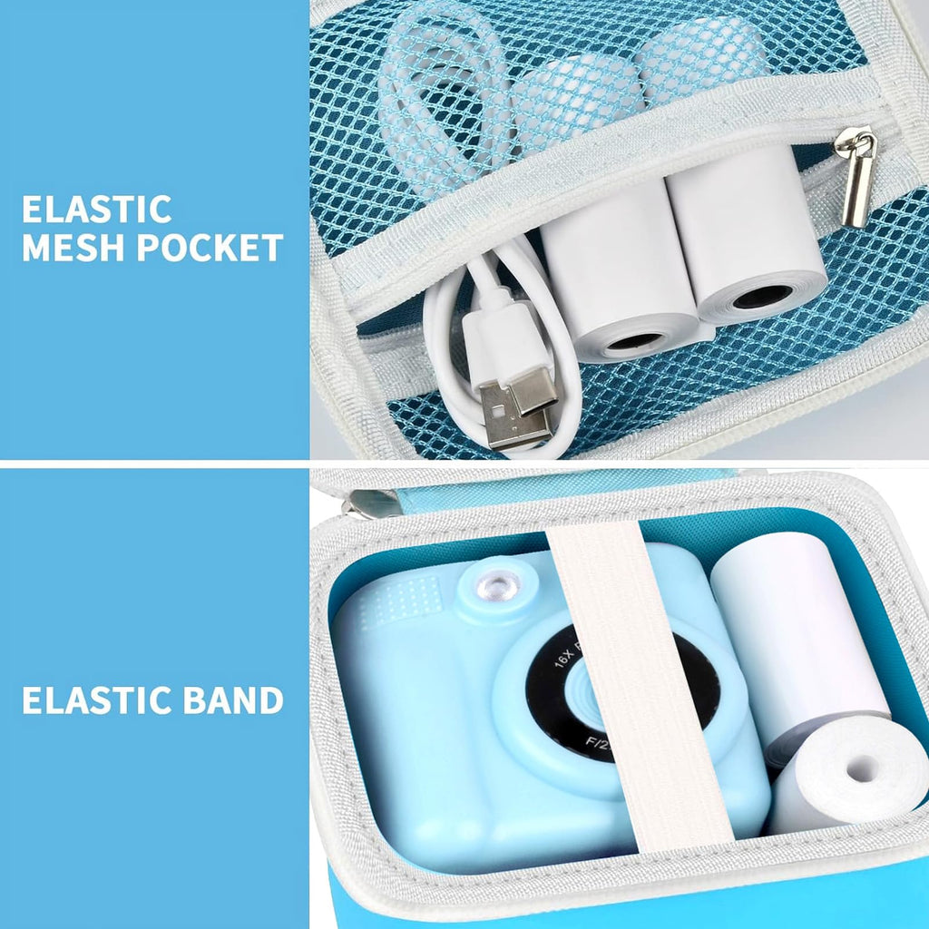 Blue kids instant print camera case interior mesh pocket and elastic strap detail