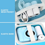 Blue kids instant print camera case interior mesh pocket and elastic strap detail