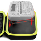 P-touch label maker fitted inside the black and neon yellow carrying case