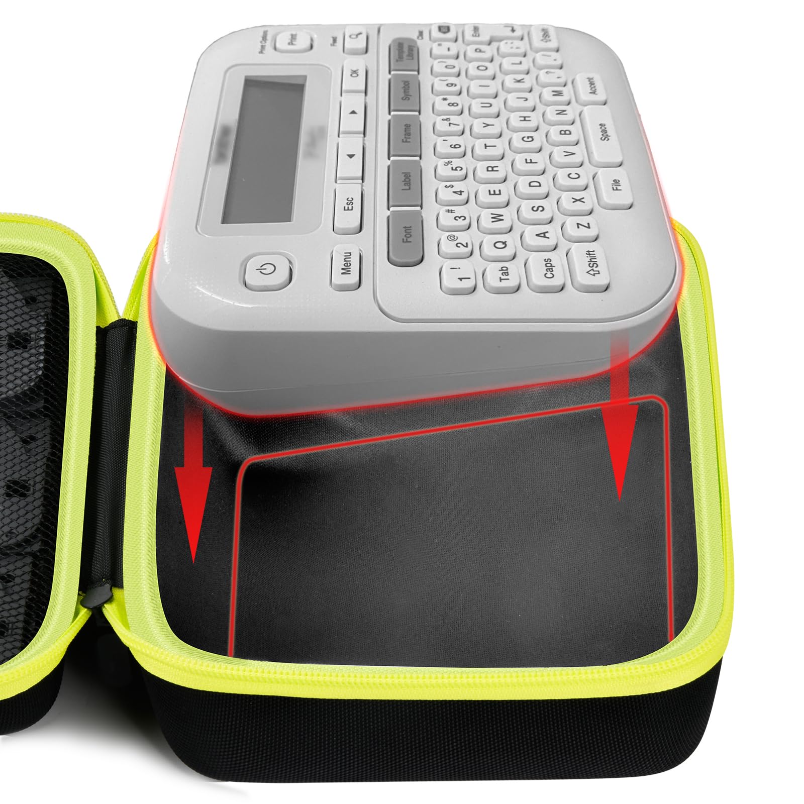P-touch label maker fitted inside the black and neon yellow carrying case