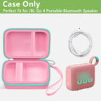 Open pink and mint green JBL Go speaker case with mesh cable pocket and elastic retaining strap; case only