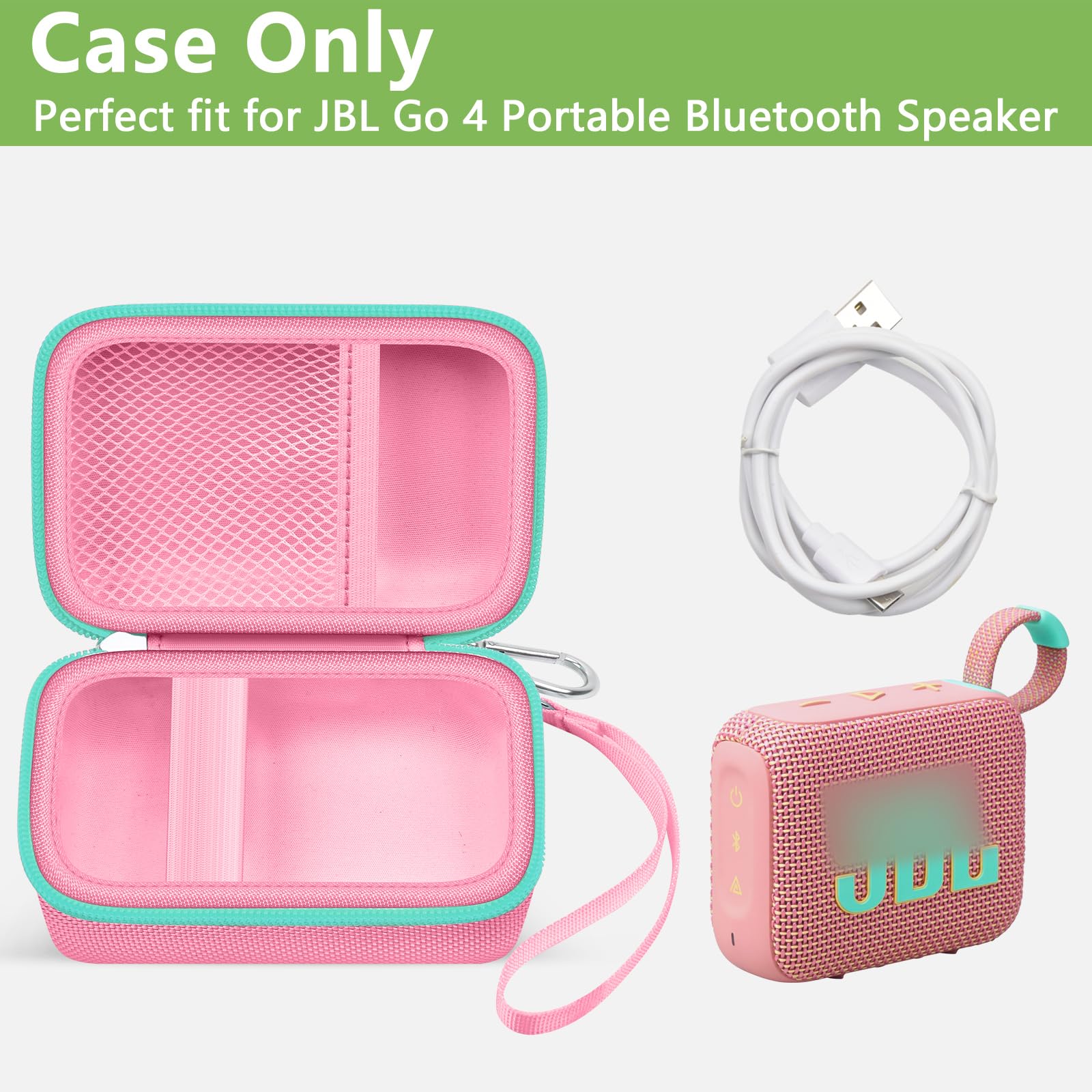Open pink and mint green JBL Go speaker case with mesh cable pocket and elastic retaining strap; case only