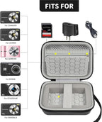 Open black and gray compact camera case shown with compatible Kodak, Canon, and Sony cameras