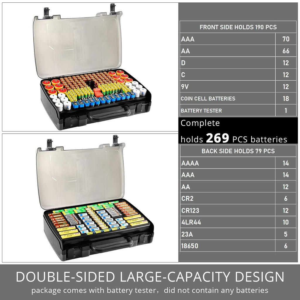 Dark gray 269-slot battery organizer case capacity chart for 269 battery slots