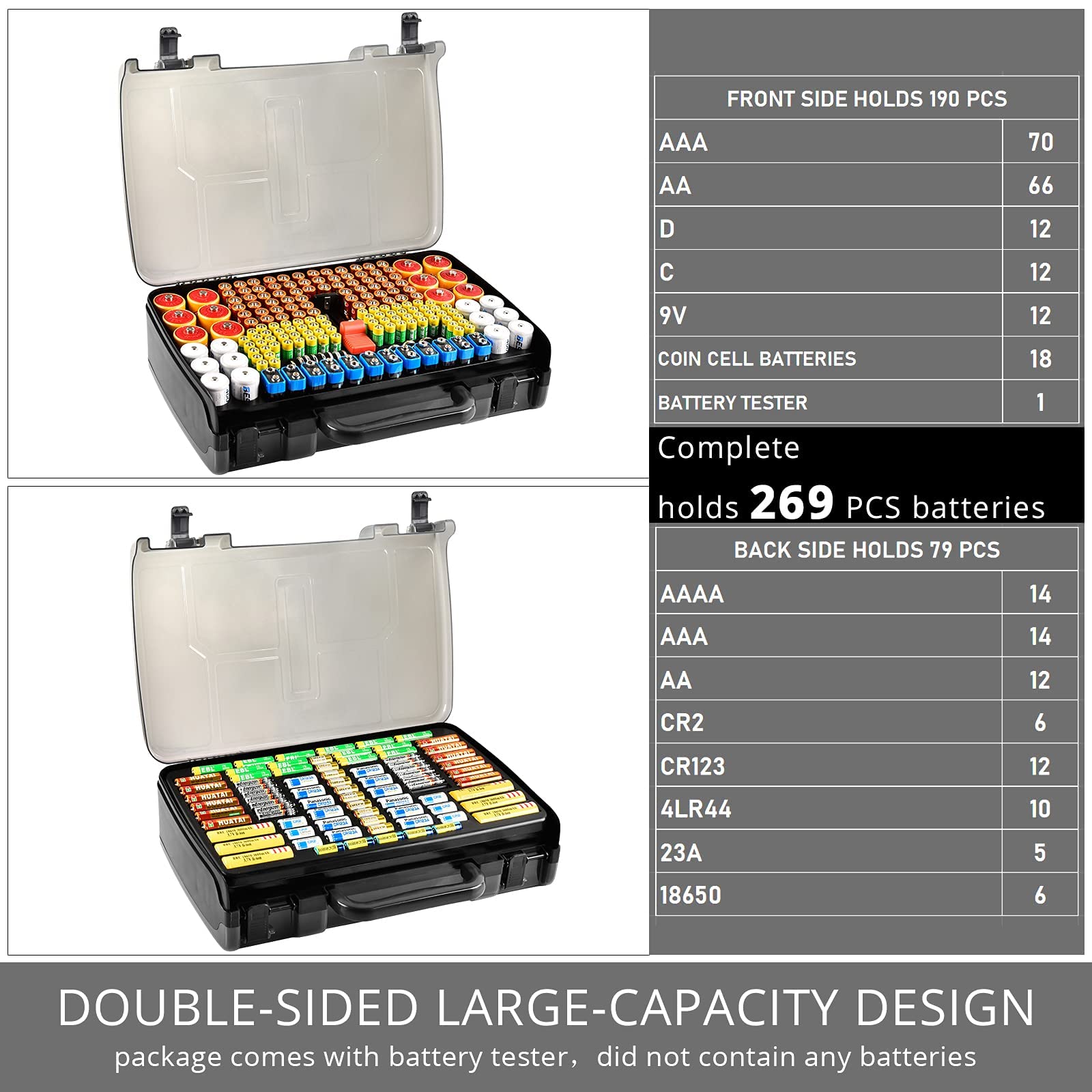 Dark gray 269-slot battery organizer case capacity chart for 269 battery slots