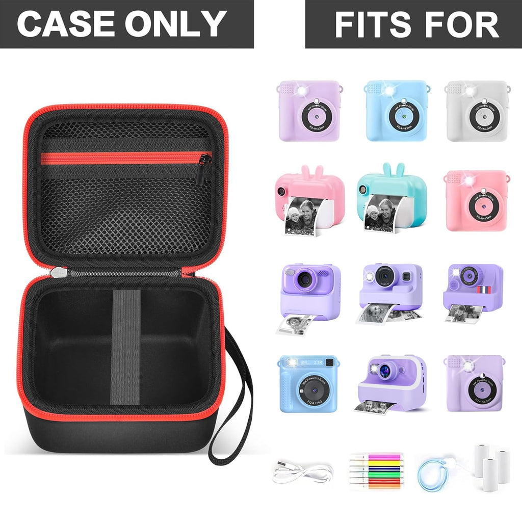 Black and red kids instant print camera case shown open beside a compatible kids instant print camera and accessories