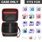 Black and red kids instant print camera case shown open beside a compatible kids instant print camera and accessories