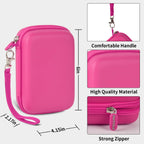 Pink retro handheld console carrying case dimensions, wrist strap, shell material and zipper overview