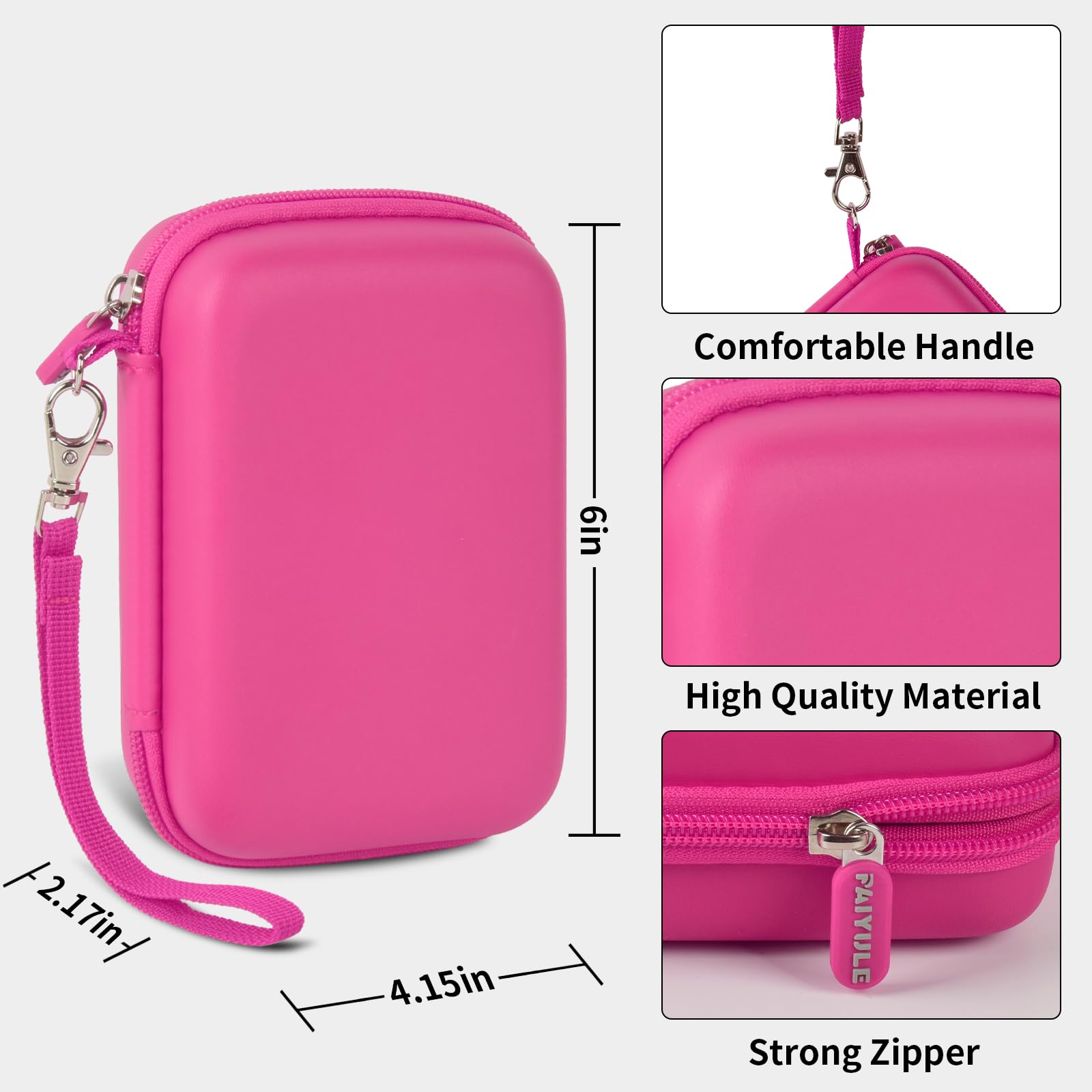 Pink retro handheld console carrying case dimensions, wrist strap, shell material and zipper overview