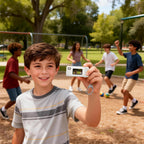 White with colorful camera graphic silicone case for Kodak Charmera keychain camera shown with a child using the keychain camera outdoors