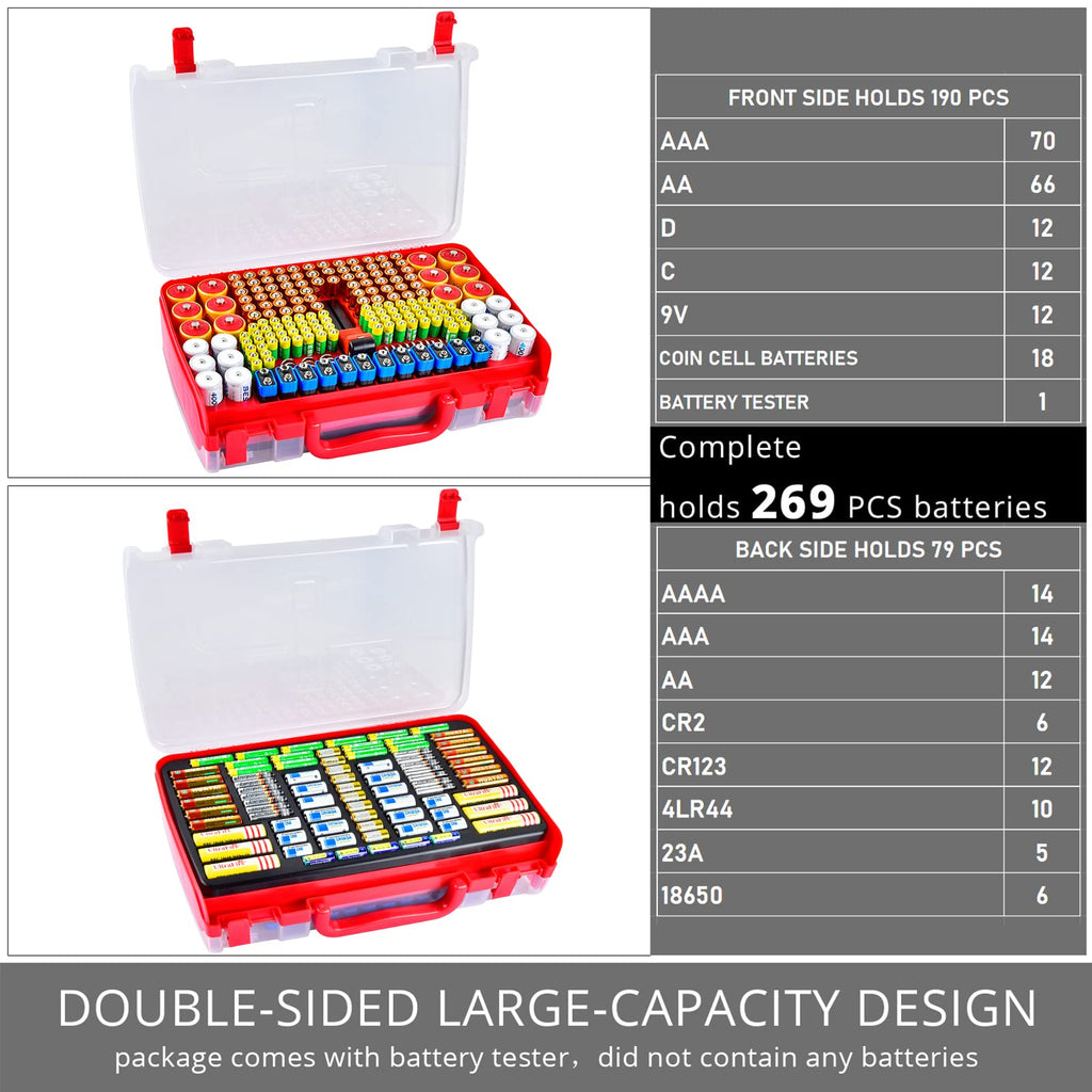 Red 269-slot battery organizer case capacity chart for 269 battery slots