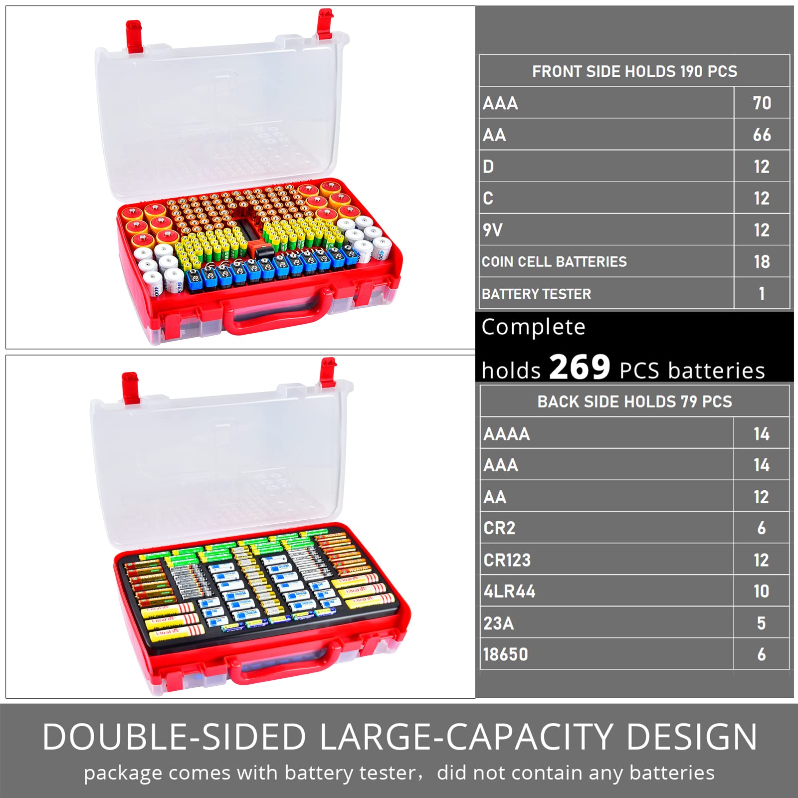 Red 269-slot battery organizer case capacity chart for 269 battery slots
