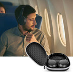 Traveler using headphones beside the open black carrying case on an airplane