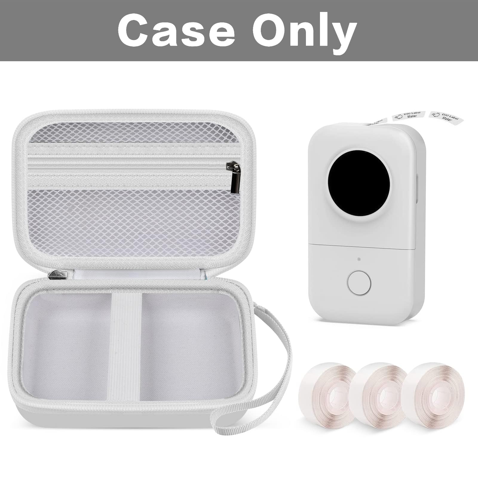 Open white label maker case with mesh pocket and divided interior; case only