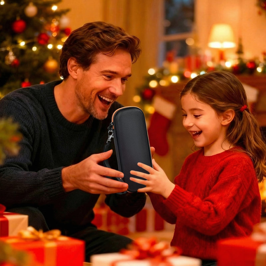 Father and daughter holding the black 3D printing pen case during a holiday activity