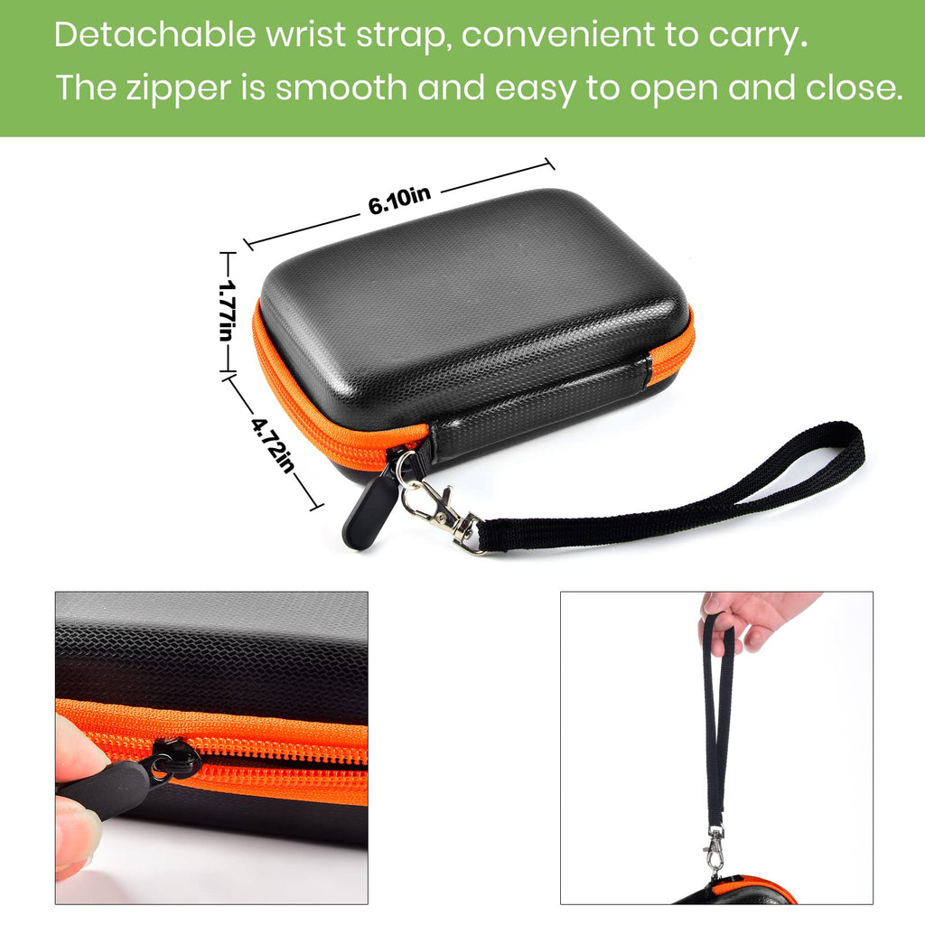 Black and orange hard drive case dimensions with wrist strap and zipper details