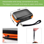 Black and orange hard drive case dimensions with wrist strap and zipper details