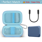 Open light blue Crucial X9 and X10 portable SSD case with mesh cable pocket and elastic strap; case only