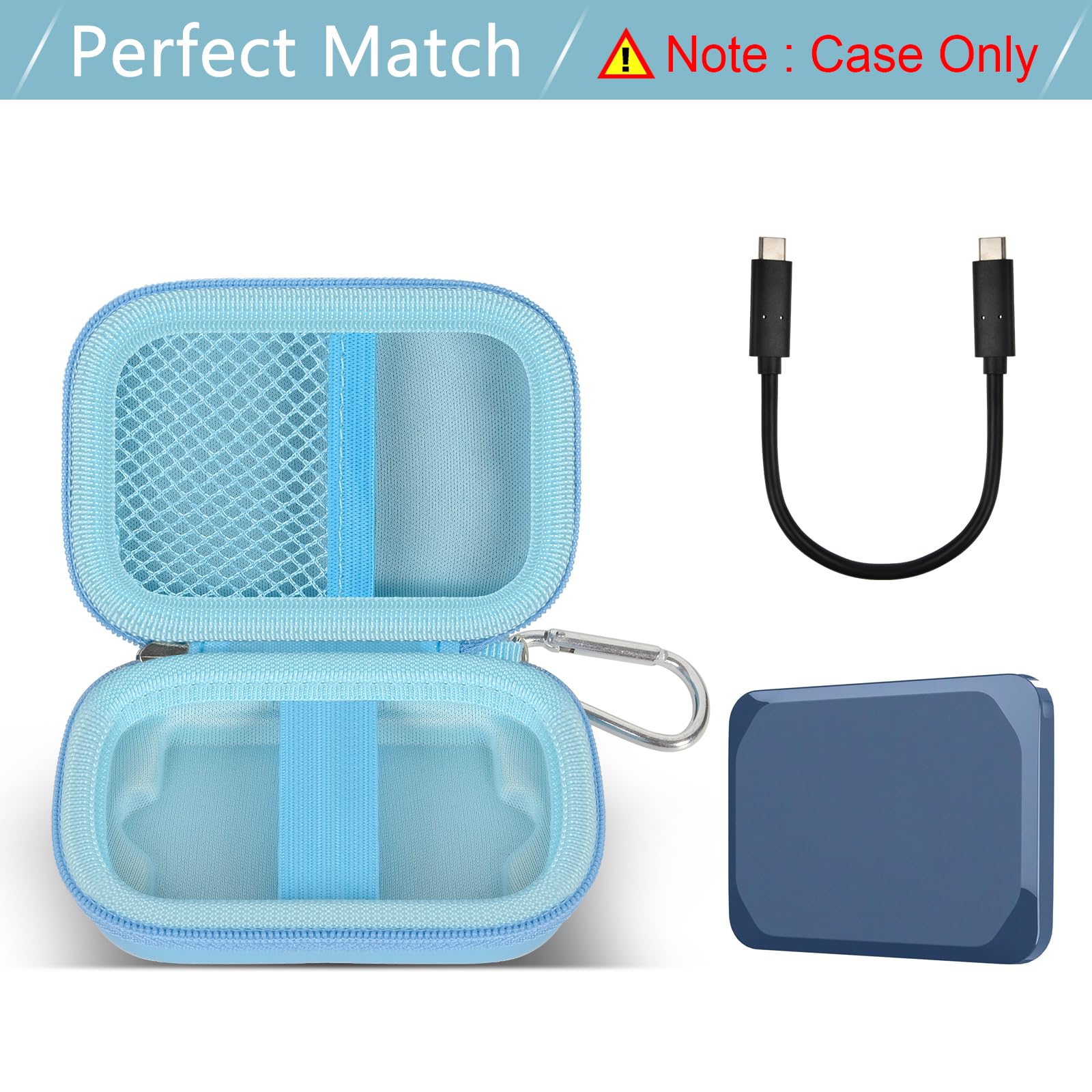Open light blue Crucial X9 and X10 portable SSD case with mesh cable pocket and elastic strap; case only
