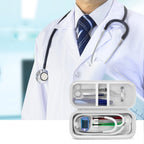 Doctor with an open white heart-patterned stethoscope organizer case for medical accessories