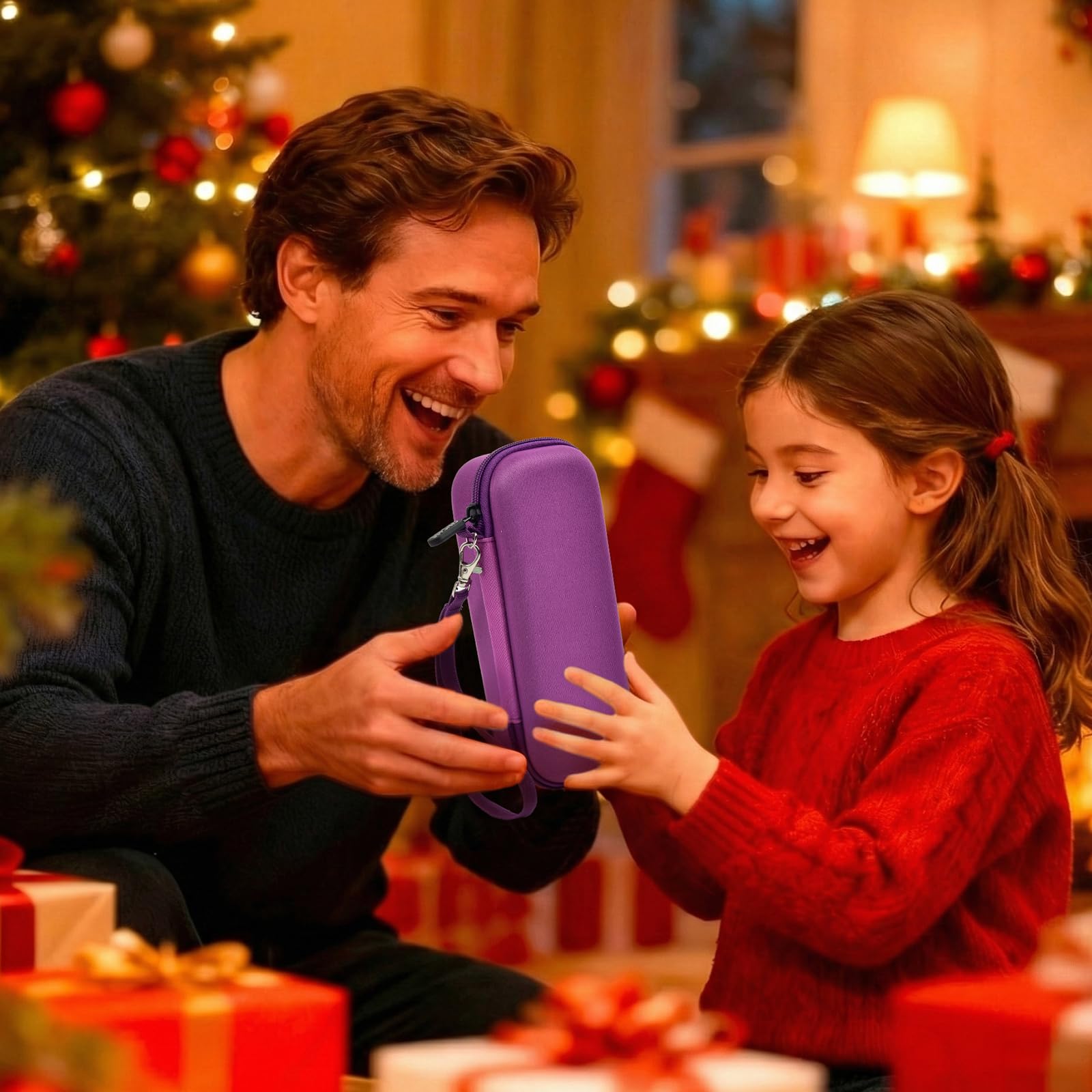 Father and daughter holding the purple 3D printing pen case during a holiday activity