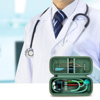 Doctor with an open dark green stethoscope organizer case for medical accessories