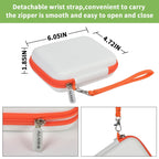 Gray and orange hard drive case dimensions with detachable wrist strap and zipper details