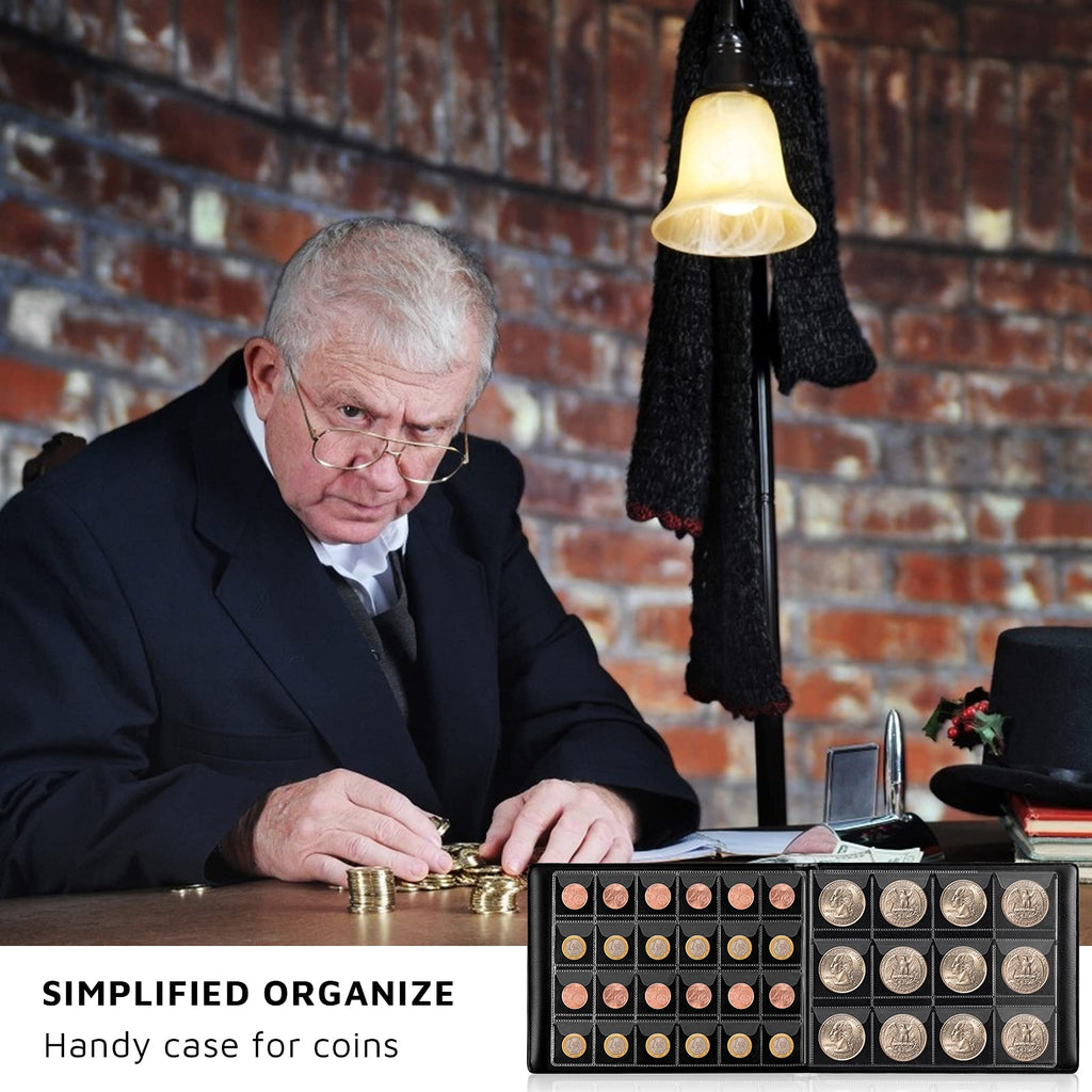 Coin collector organizing coins in the open green 300-pocket album
