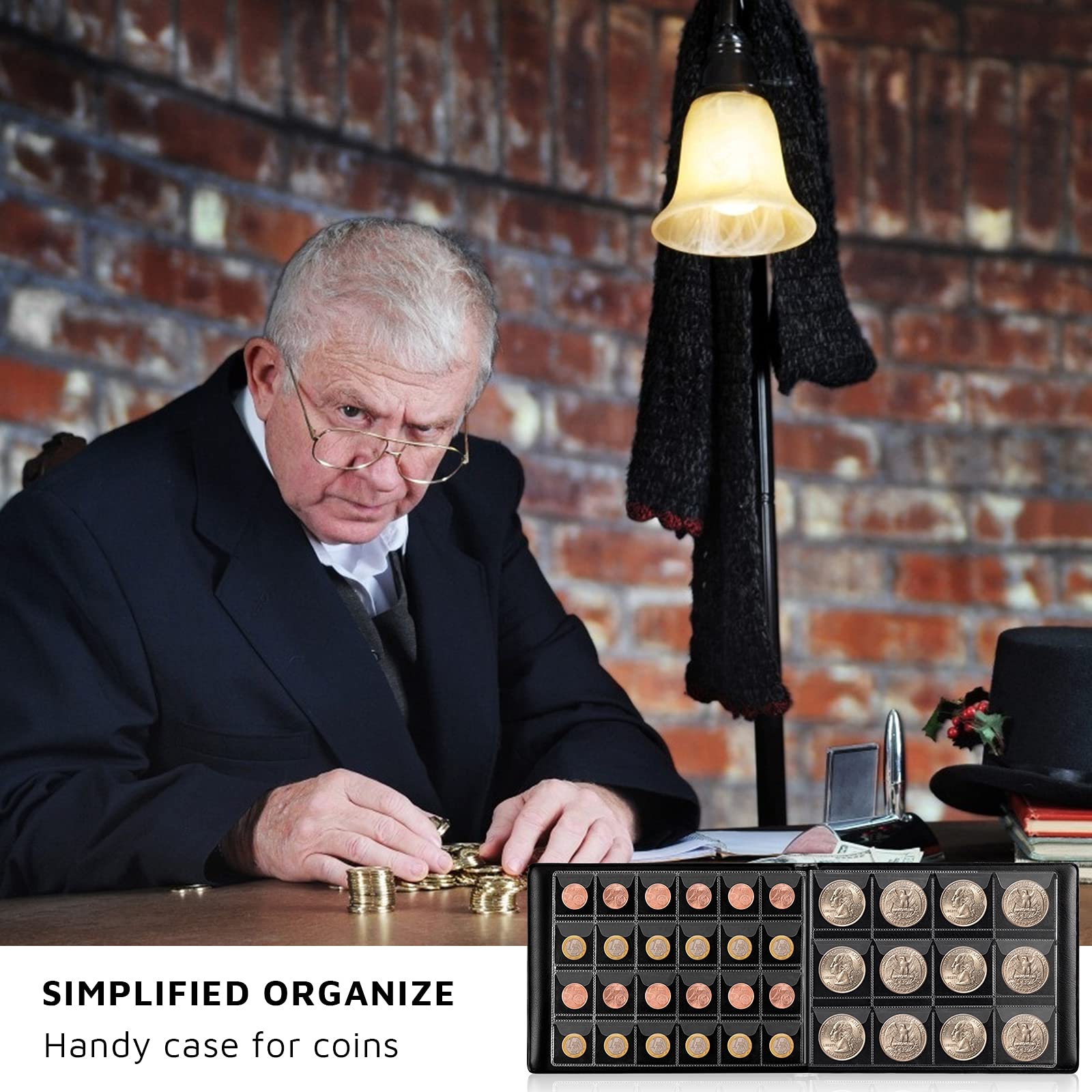 Coin collector organizing coins in the open green 300-pocket album