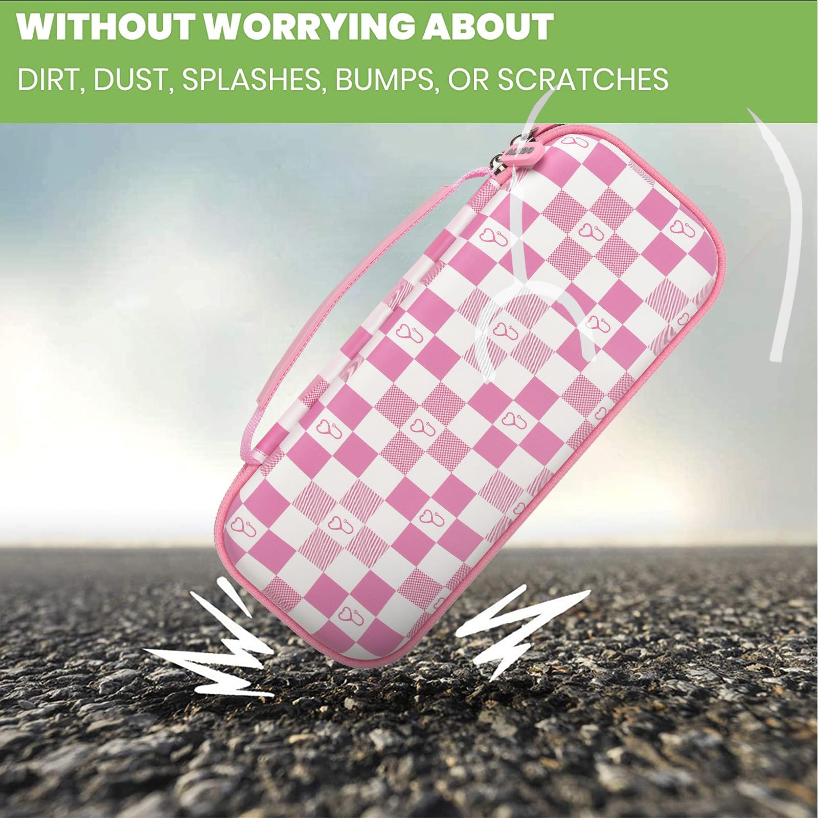 pink checkered hard stethoscope case shown protecting against bumps and scratches