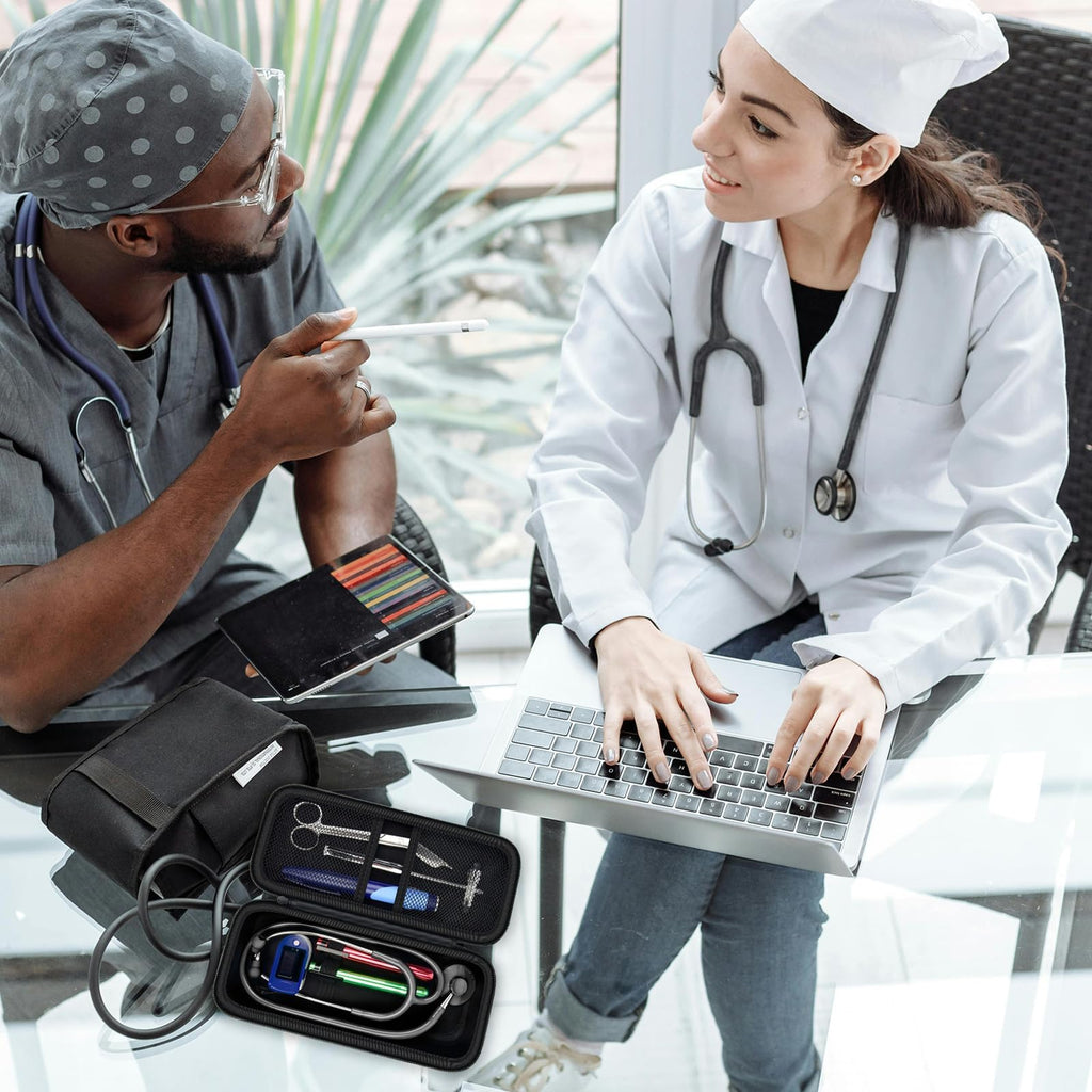black patterned stethoscope organizer case open beside a seated healthcare professional