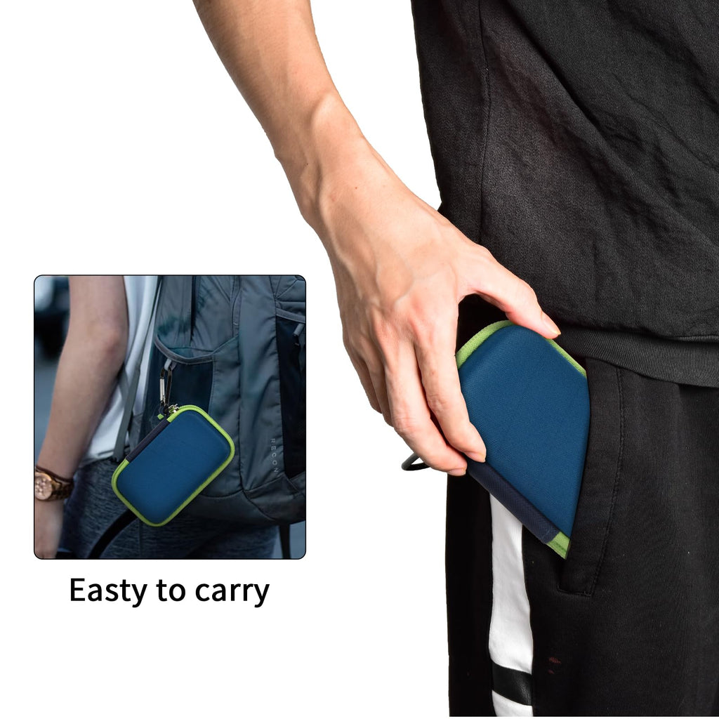 Person carrying the navy and green SSD case by its carabiner